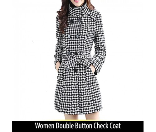 Women Double Button Check Coat